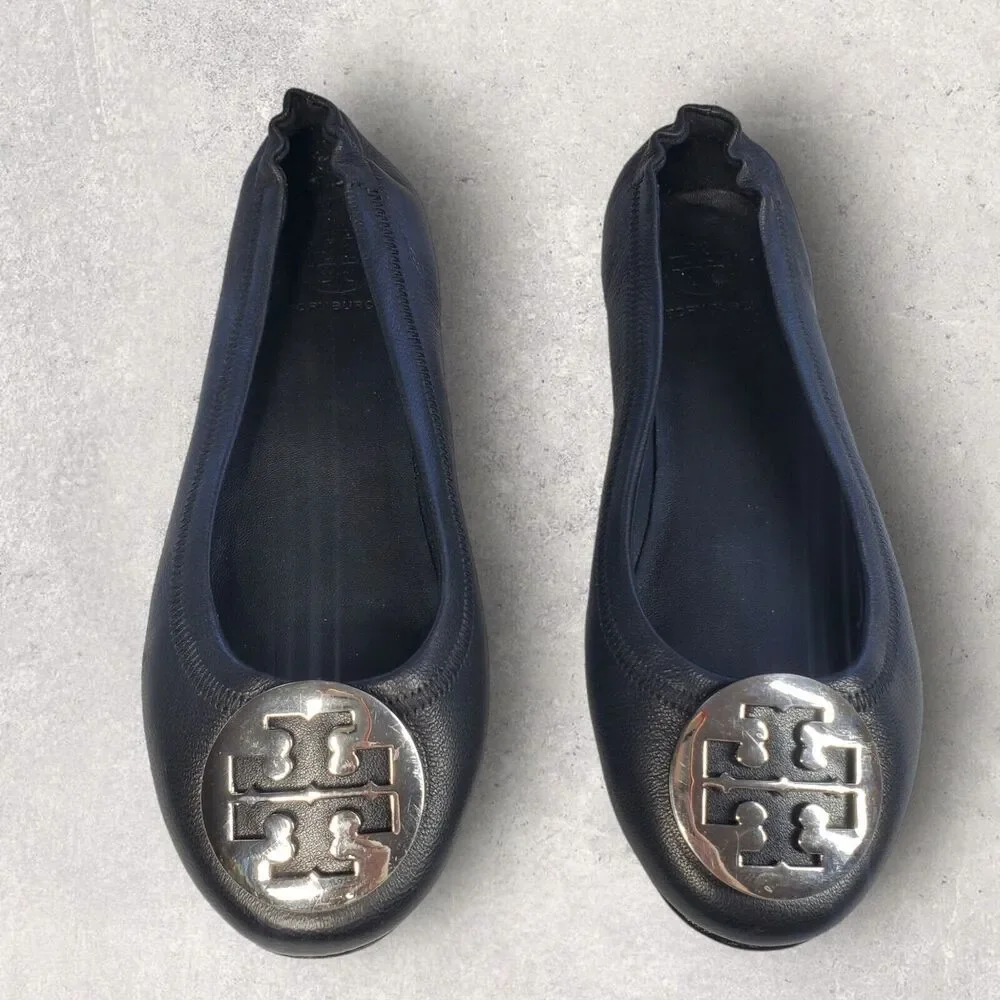 Tory Burch Womens Black Leather Shoes Size 5 Logo Minnie Travel Ballet Flats
